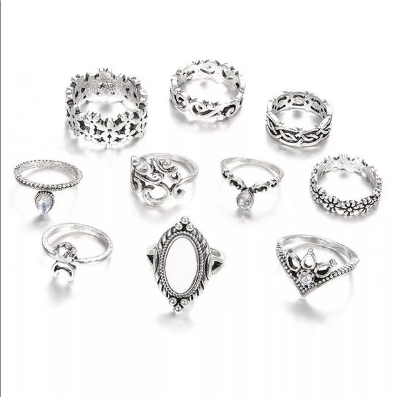 10 Pcs/Set Boho Antique Silver Crystal Rings - Picture 7 of 8